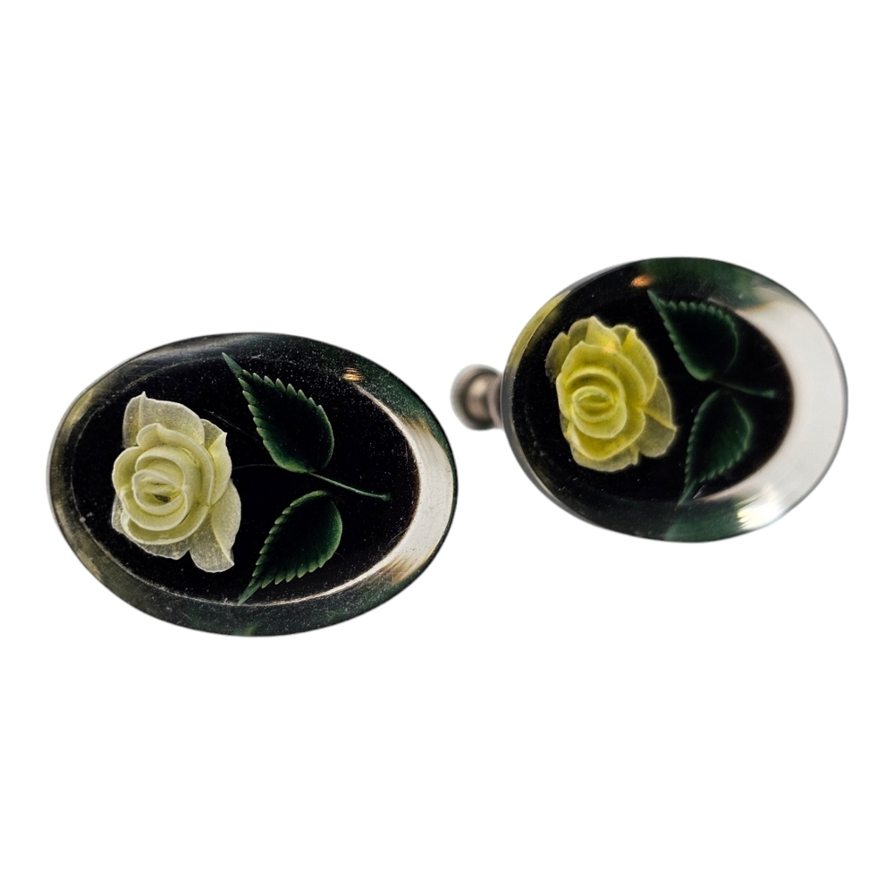 Vintage Oval Lucite Floral Screw-On Earrings Carved Roses on Black‎ Background